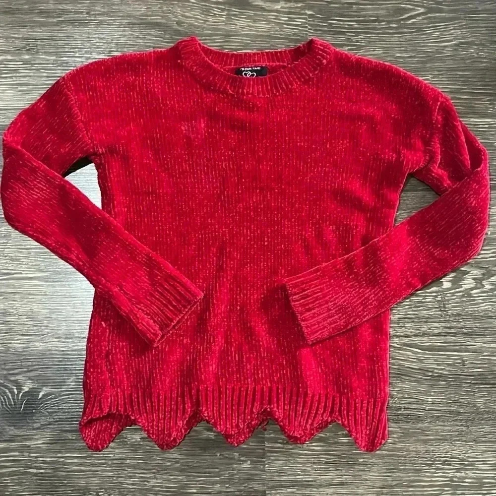 Girls red velvet fuzzy sweater with a scallop edge size large